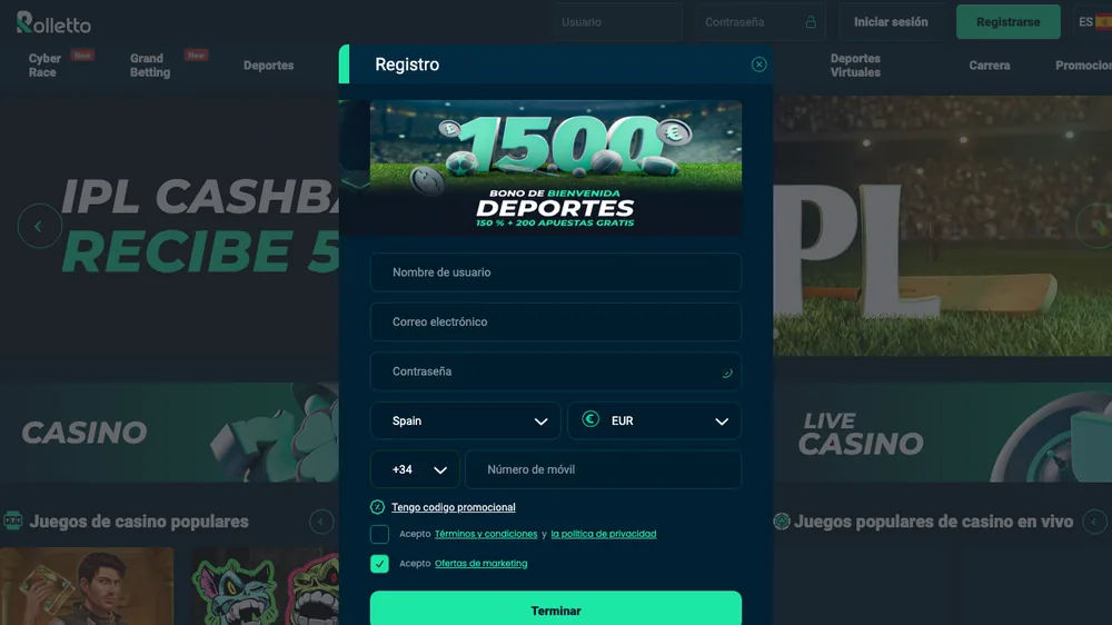 Captura de pantalla de la plataforma de Rolletto casino en España