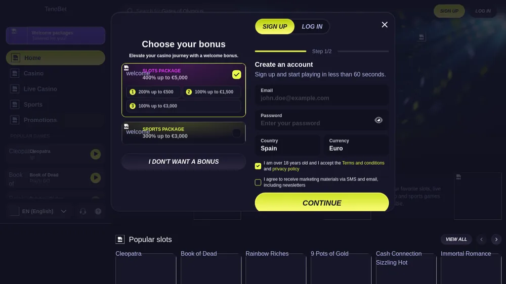 Captura de pantalla de la plataforma de Tenobet casino en España